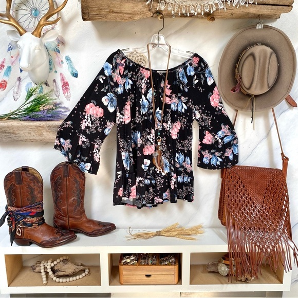 Style & CO off shoulder boho floral Gypsy raffle sleeves blouse shabby chic vibe - Picture 10 of 12